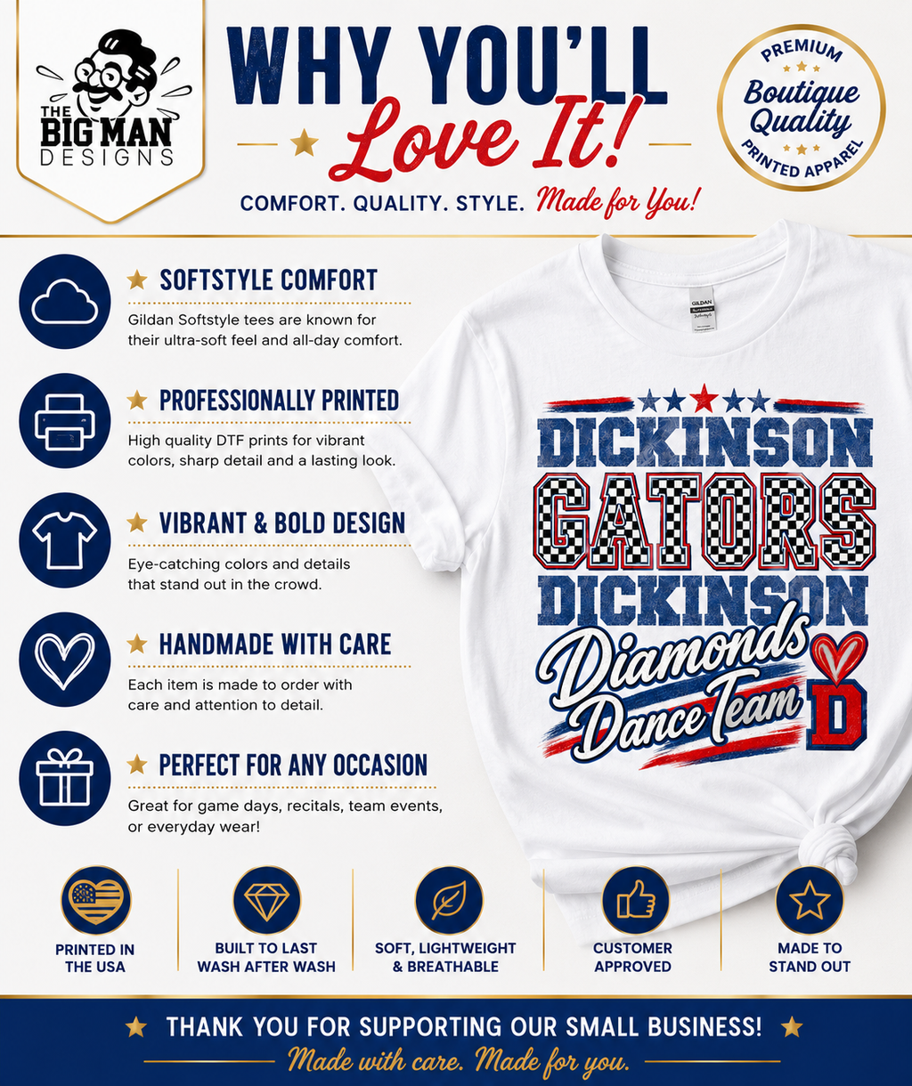 Dickinson Gators | Diamonds Dance Team Shirt 8| Softstyle Comfort | DTF Printed