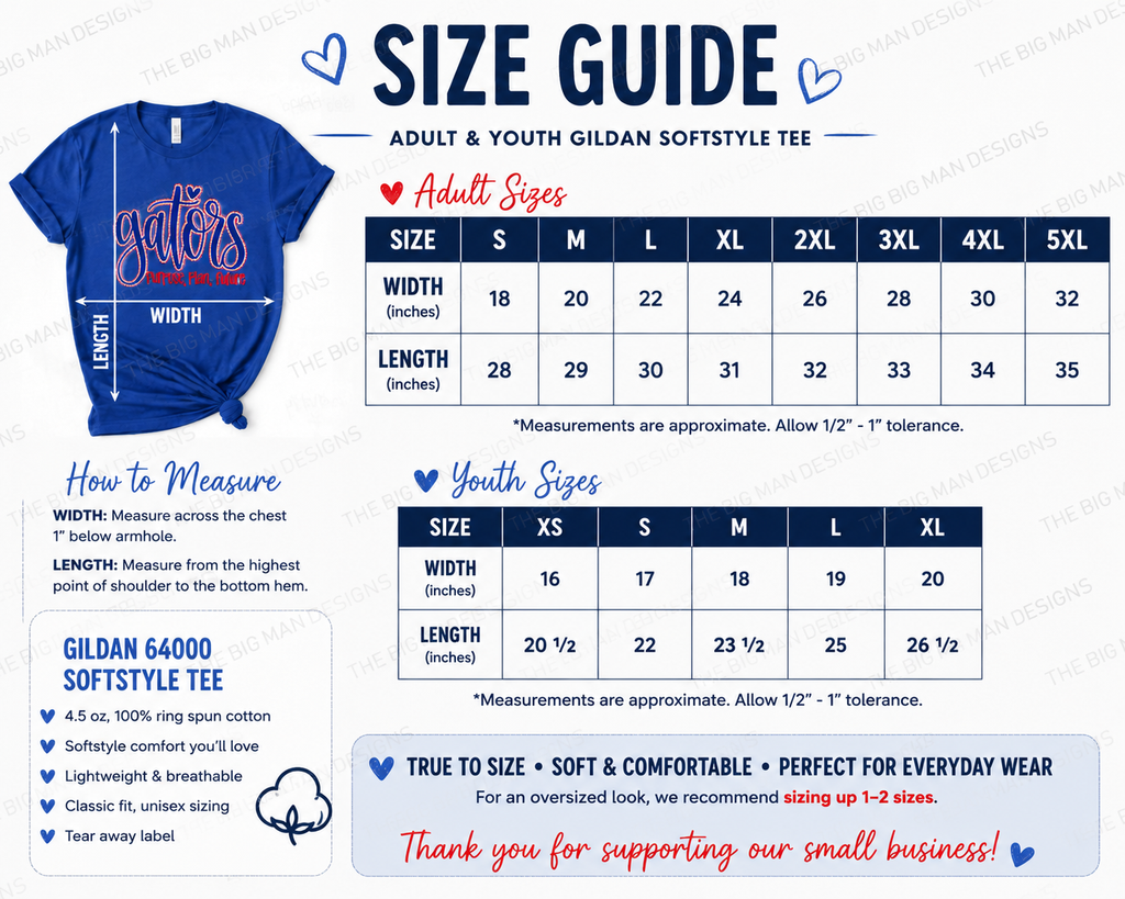 A size guide infographic for the Gildan Softstyle Tee, showing a blue graphic of the shirt with measurement arrows, adult and youth size tables, and measurement instructions on a white background.