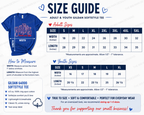 A size guide infographic for the Gildan Softstyle Tee, showing a blue graphic of the shirt with measurement arrows, adult and youth size tables, and measurement instructions on a white background.