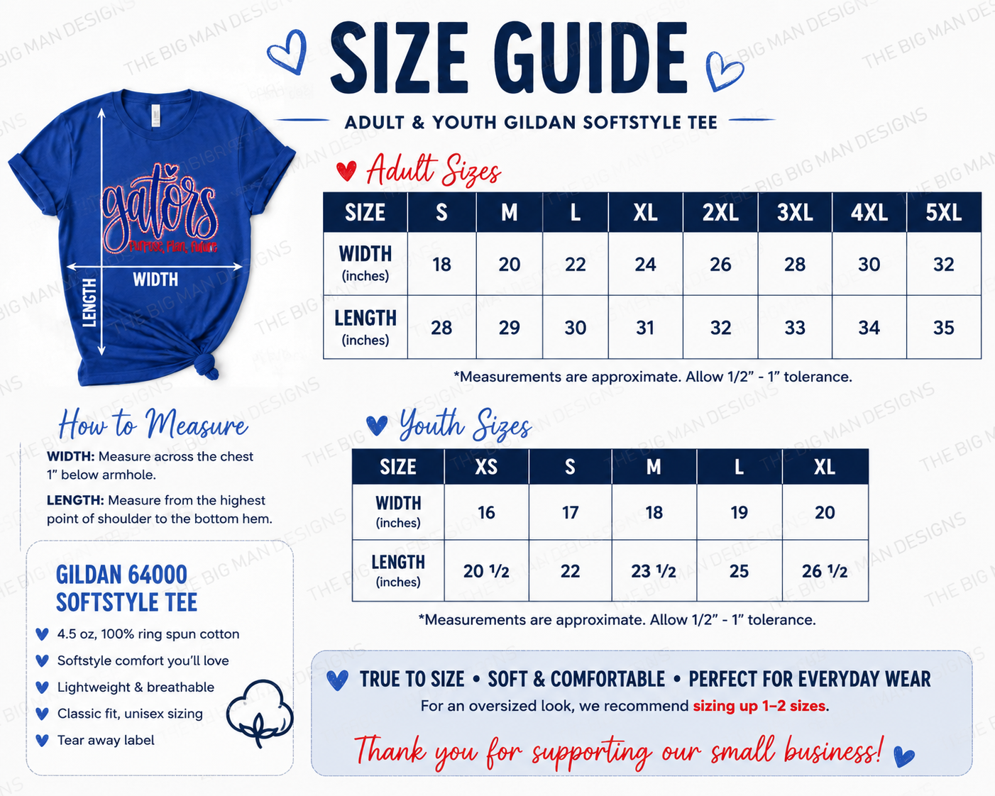 A size guide infographic for the Gildan Softstyle Tee, showing a blue graphic of the shirt with measurement arrows, adult and youth size tables, and measurement instructions on a white background.