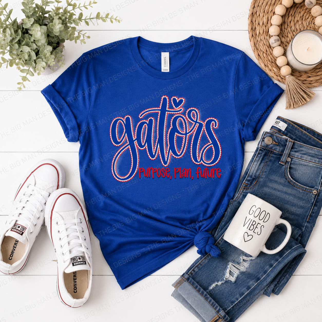 Dickinson Gators Purpose Plan Future spirit tee in royal blue worn by woman - DTF printed Gildan Softstyle school shirt