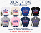 A color options chart for a Gildan Softstyle tee featuring eight different shirt colorways (White, Natural, Royal, Black, Sport Grey, Pink, Navy, Dark Heather) with a blue 'gators' graphic on each. The image includes descriptive text, sizing info, and a thank you message at the bottom.