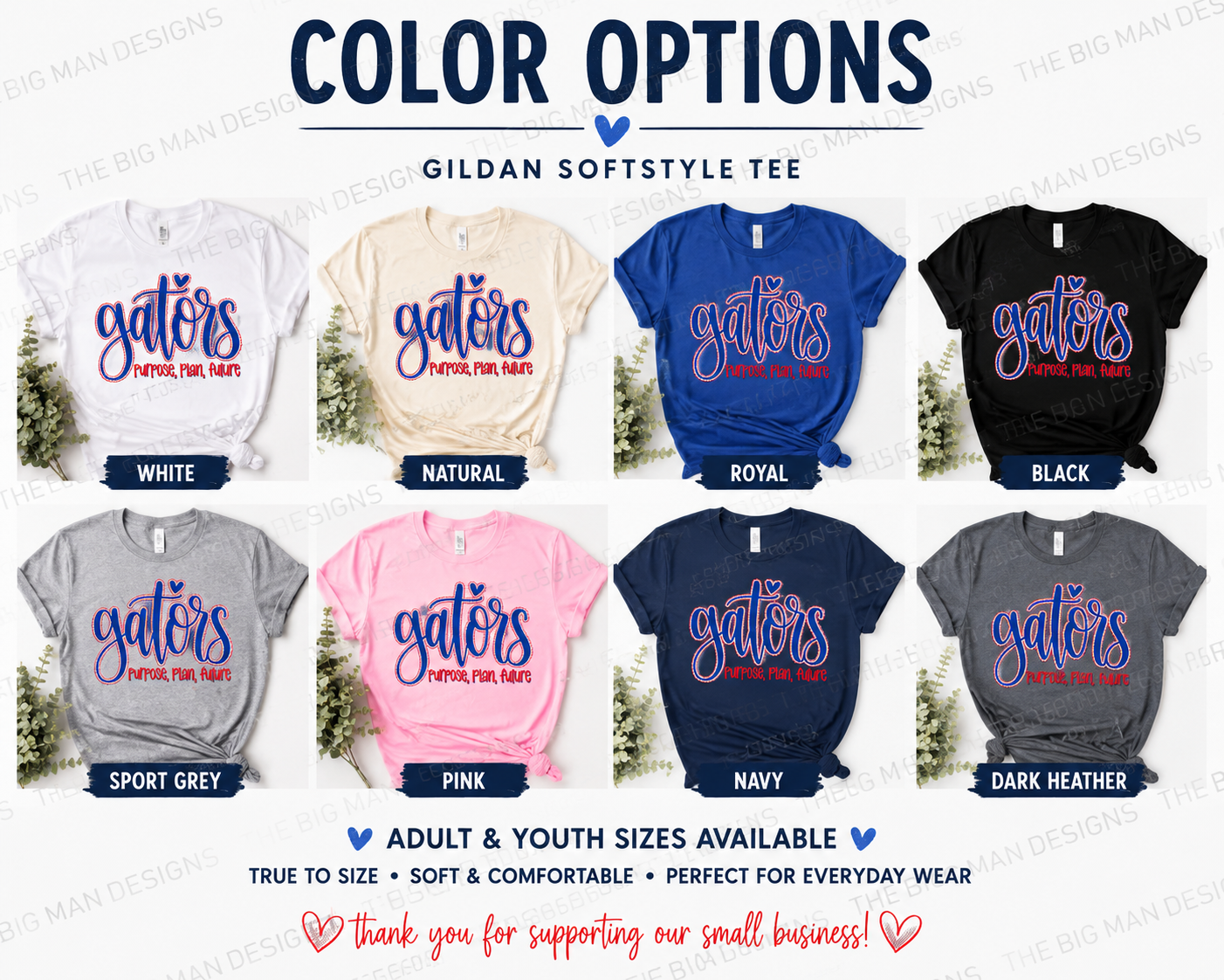 A color options chart for a Gildan Softstyle tee featuring eight different shirt colorways (White, Natural, Royal, Black, Sport Grey, Pink, Navy, Dark Heather) with a blue 'gators' graphic on each. The image includes descriptive text, sizing info, and a thank you message at the bottom.