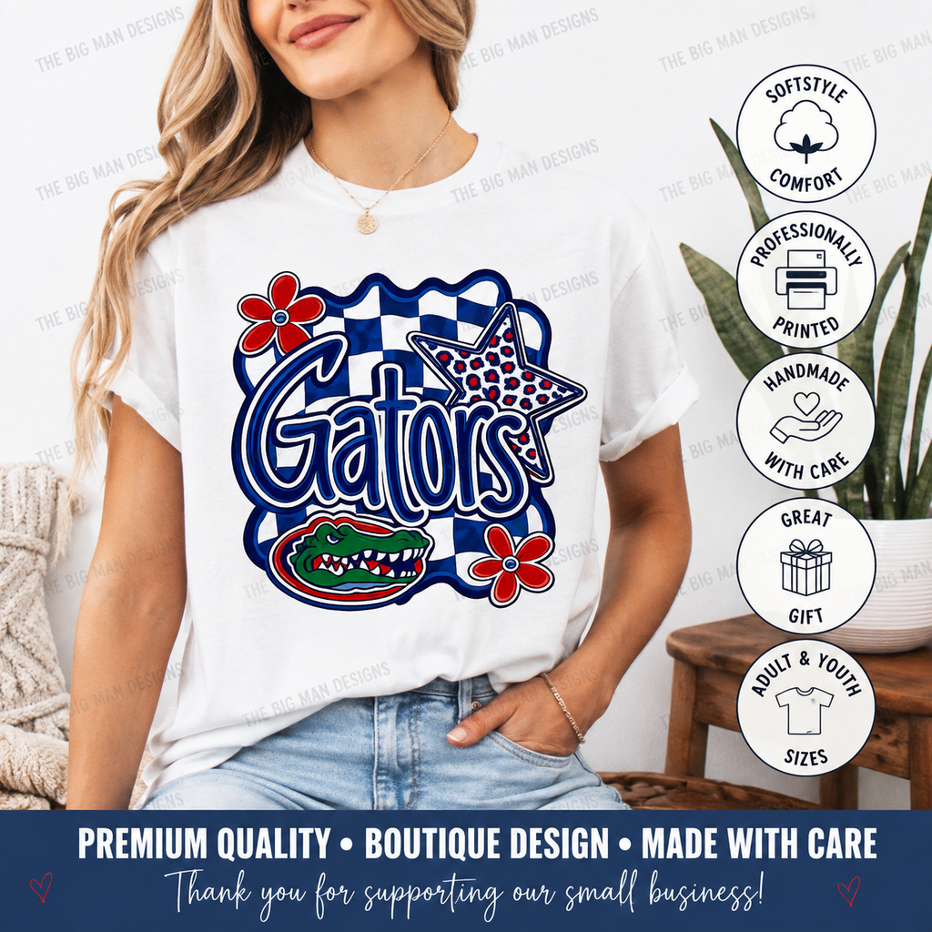 A woman wearing a white graphic T-shirt with a large 'Gators' design featuring red flowers, a blue-and-white checkered pattern, a red-and-white star, and an alligator graphic. The image includes promotional text and icons on the right side.