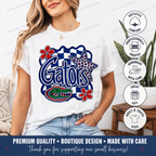 A woman wearing a white graphic T-shirt with a large 'Gators' design featuring red flowers, a blue-and-white checkered pattern, a red-and-white star, and an alligator graphic. The image includes promotional text and icons on the right side.