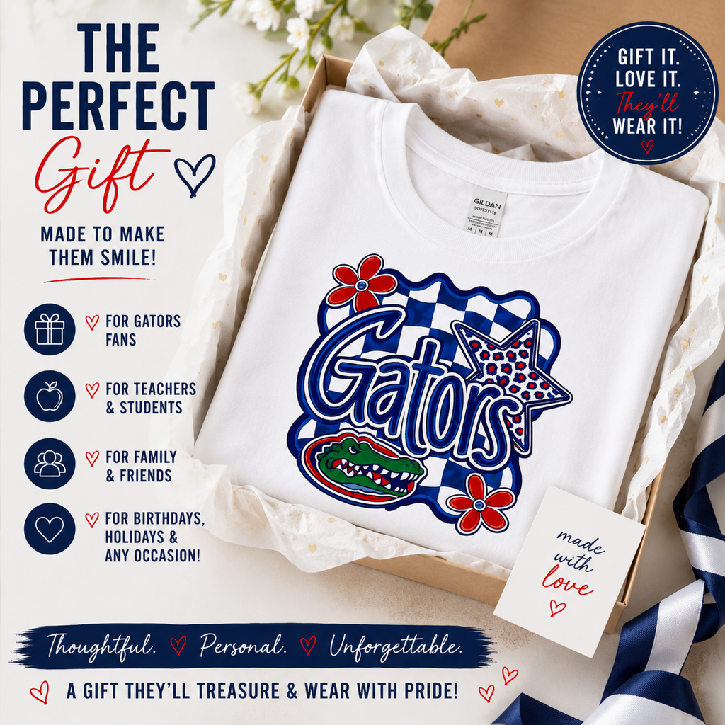 A white t-shirt in a gift box with tissue paper, featuring a large 'Gators' graphic in blue, red, and navy on the front. The image is a promotional gift graphic with text overlays, icons, and a 'made with love' card.