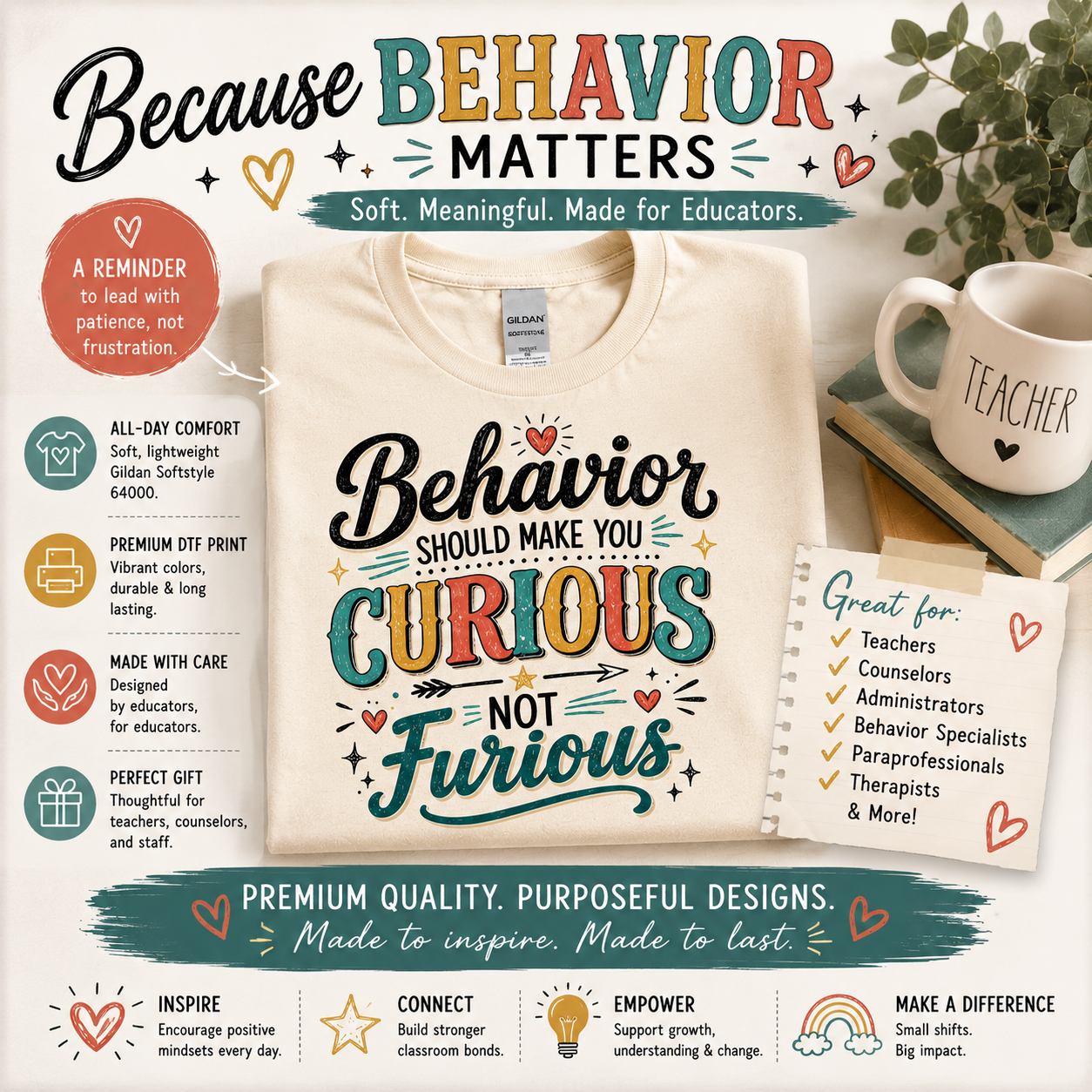 Be Curious about Behavior not Furious | Dickinson Gators Spirit Tee | Front & Back Design