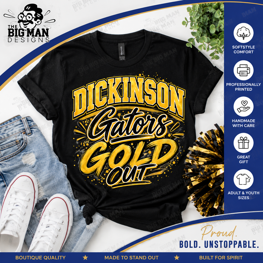 A black graphic T-shirt laid flat with distressed blue jeans, white sneakers, and a gold-and-black pom-pom accessory around it. The shirt has a large yellow and black 'DICKINSON Gators GOLD OUT' design.
