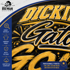 A close-up of a printed graphic design featuring large gold and black lettering on a dark background, with a vertical blue sidebar listing product features. The visible brand in the top-left corner is The Big Man Designs.