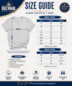 A size guide infographic for Gildan Softstyle T-shirts by The Big Man Designs, showing a gray t-shirt with dimension lines indicating width and length measurements. The graphic includes adult and youth size tables from S to 5XL, a features list, and a thank you banner at the bottom.