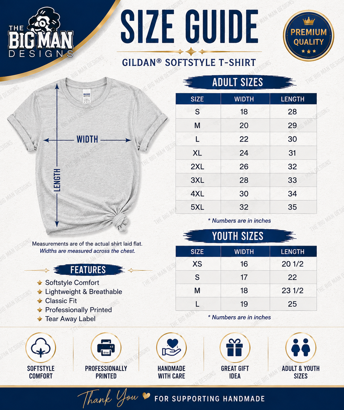 A size guide infographic for Gildan Softstyle T-shirts by The Big Man Designs, showing a gray t-shirt with dimension lines indicating width and length measurements. The graphic includes adult and youth size tables from S to 5XL, a features list, and a thank you banner at the bottom.