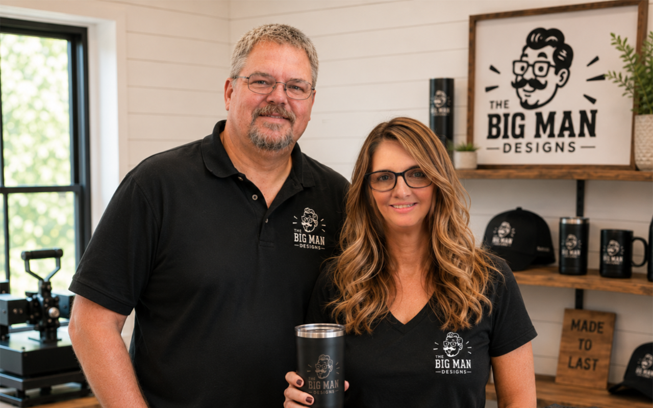 A man and a woman wearing matching black polo and V-neck t-shirts with a 'The Big Man Designs' logo, standing in a retail shop setting. The man holds a black insulated tumbler.