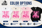 A promotional graphic showing four T-shirt color options with the same pink witch illustration on each shirt: white, natural, pink, and black. Large text reads 'COLOR OPTIONS' and 'CHOOSE YOUR FAVORITE,' with labels below for each color and feature icons for softstyle comfort, professionally printed, handmade care, great gift, and adult & youth sizes.