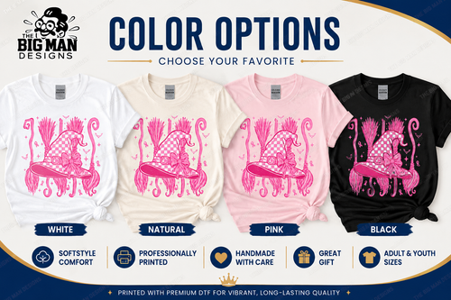 A promotional graphic showing four T-shirt color options with the same pink witch illustration on each shirt: white, natural, pink, and black. Large text reads 'COLOR OPTIONS' and 'CHOOSE YOUR FAVORITE,' with labels below for each color and feature icons for softstyle comfort, professionally printed, handmade care, great gift, and adult & youth sizes.
