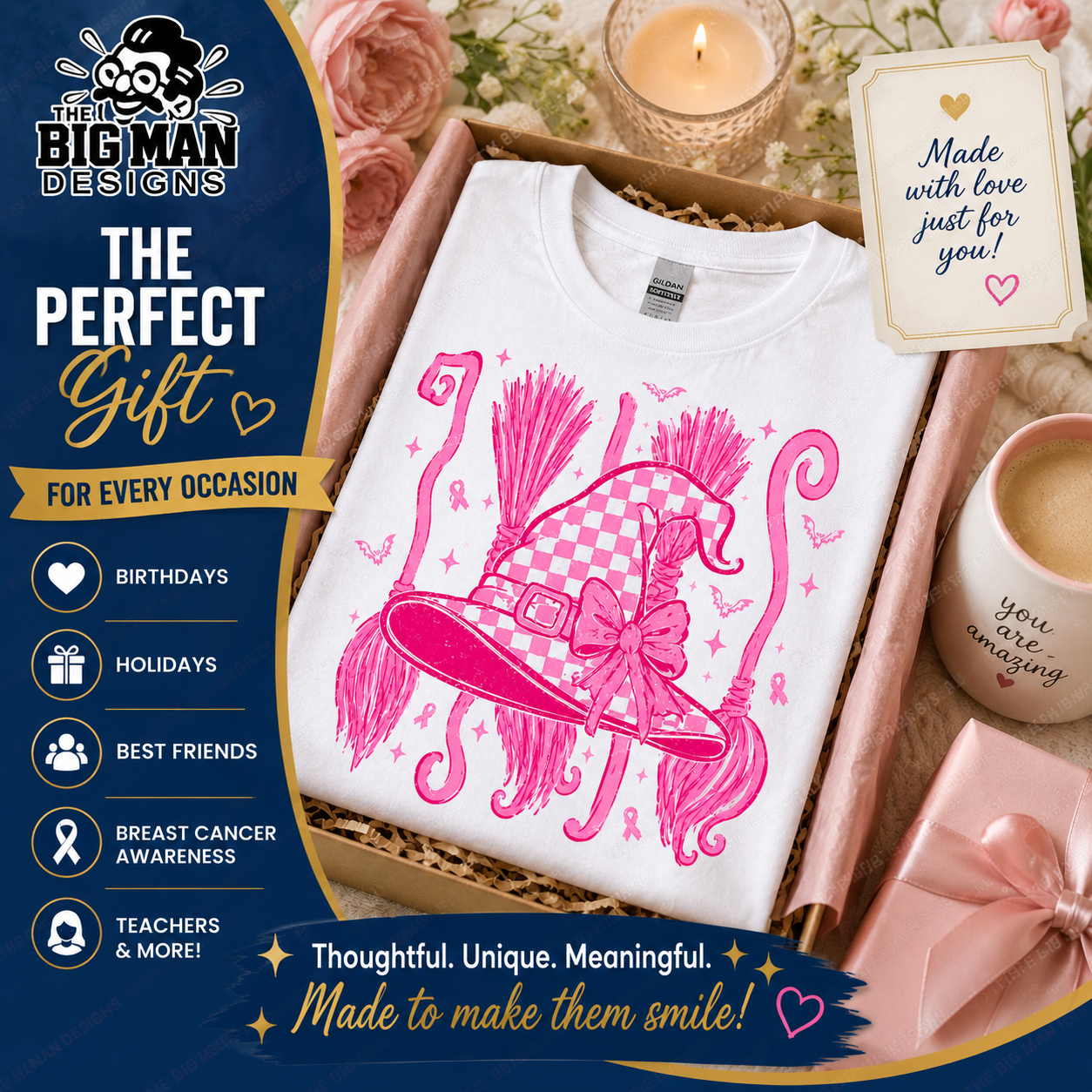 A white crewneck t-shirt featuring a bright pink graphic of a witch hat with a checkered pattern, presented inside a gift box with candles, flowers, and a mug. The left side has a dark blue promotional banner for 'The Big Man Designs' gift set.