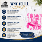 A promotional graphic for a white short-sleeve T-shirt with a bright pink witch hat and broom graphic on the front. The image includes marketing text such as 'WHY YOU'LL Love It,' feature callouts like softstyle comfort and professionally printed, and a navy branded header/footer with the logo 'The Big Man Designs.