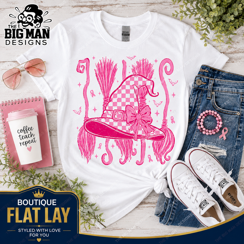 A styled flat-lay of a white graphic T-shirt from The Big Man Designs, featuring a pink witch hat and broom design. The shirt is arranged in a flat lay with blue jeans, white sneakers, pink sunglasses, a coffee cup, and green foliage on a whitewashed wood background.
