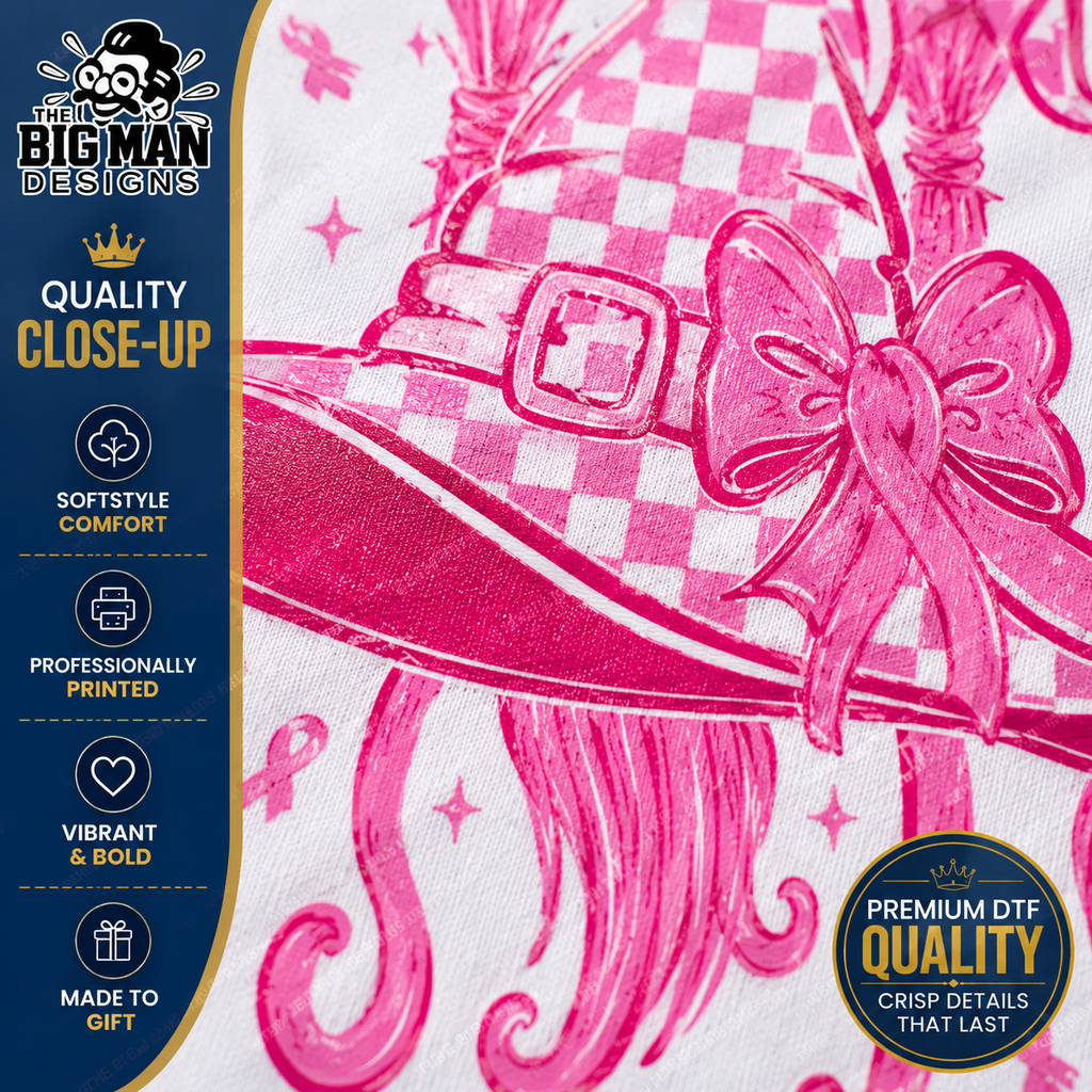 Close-up of a DTF transfer design on white fabric, featuring a pink and white checkerboard hat with a large pink bow and checkered pattern. A dark blue vertical banner on the left displays the 'The Big Man Designs' brand logo and quality claims, and a circular badge on the bottom right highlights premium DTF quality.