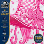 Close-up of a DTF transfer design on white fabric, featuring a pink and white checkerboard hat with a large pink bow and checkered pattern. A dark blue vertical banner on the left displays the 'The Big Man Designs' brand logo and quality claims, and a circular badge on the bottom right highlights premium DTF quality.