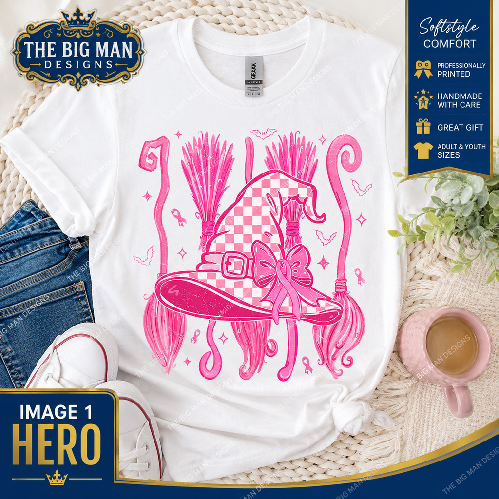 A white graphic T-shirt laid flat on a woven rug with jeans, sneakers, a pink mug, and small greenery around it. The shirt features a large pink witch hat illustration with broomsticks and a bow.