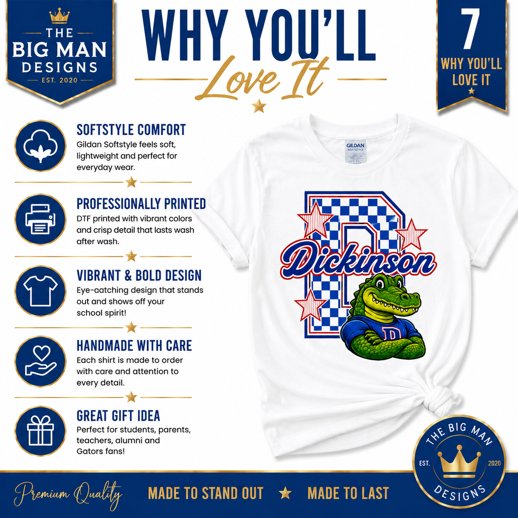 A white graphic T-shirt displayed on a white background with promotional text and icons. The shirt features a large blue and white checkered square, red stars, the name 'Dickinson' in blue script, and a green alligator wearing a blue 'D' logo.