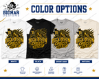 A color options graphic for a t-shirt design by The Big Man Designs, showing four mockups of the same graphic printed on white, black, gray, and cream t-shirts. The graphic features a gold and black dinosaur and text reading 'Dickinson Glaciers Gold Out'.