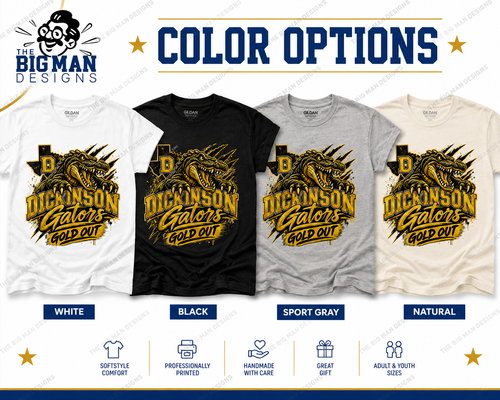 A color options graphic for a t-shirt design by The Big Man Designs, showing four mockups of the same graphic printed on white, black, gray, and cream t-shirts. The graphic features a gold and black dinosaur and text reading 'Dickinson Glaciers Gold Out'.