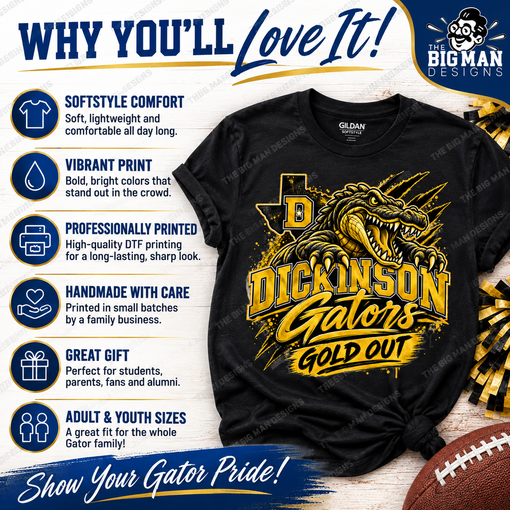 A black Gildan t-shirt with a large yellow and gold graphic of a gator and the text 'DICKINSON GATORS GOLD OUT', presented on a styled background with promotional text and icons.