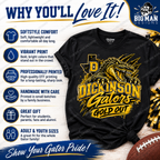 A black Gildan t-shirt with a large yellow and gold graphic of a gator and the text 'DICKINSON GATORS GOLD OUT', presented on a styled background with promotional text and icons.