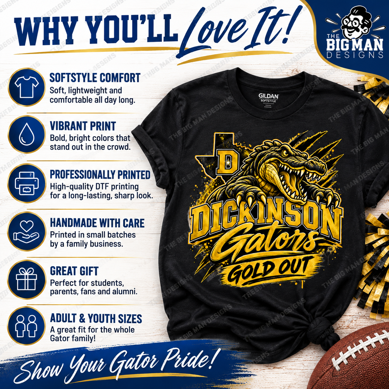 A black Gildan t-shirt with a large yellow and gold graphic of a gator and the text 'DICKINSON GATORS GOLD OUT', presented on a styled background with promotional text and icons.