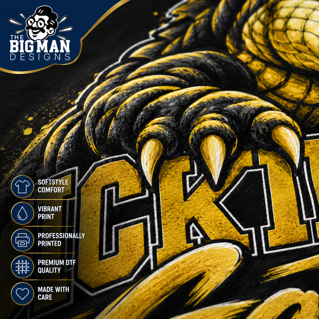 Close-up of a graphic print featuring a large yellow and black monster claw over bold lettering, with a blue and black 'The Big Man Designs' logo in the top left and feature callouts along the left side.