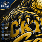 Close-up of a graphic print featuring a large yellow and black monster claw over bold lettering, with a blue and black 'The Big Man Designs' logo in the top left and feature callouts along the left side.