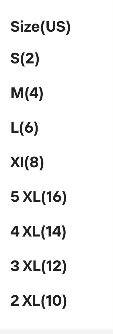 A size chart listing garment sizes in US: S(2), M(4), L(6), XL(8), 5 XL(16), 4 XL(14), 3 XL(12), and 2 XL(10) on a white background.