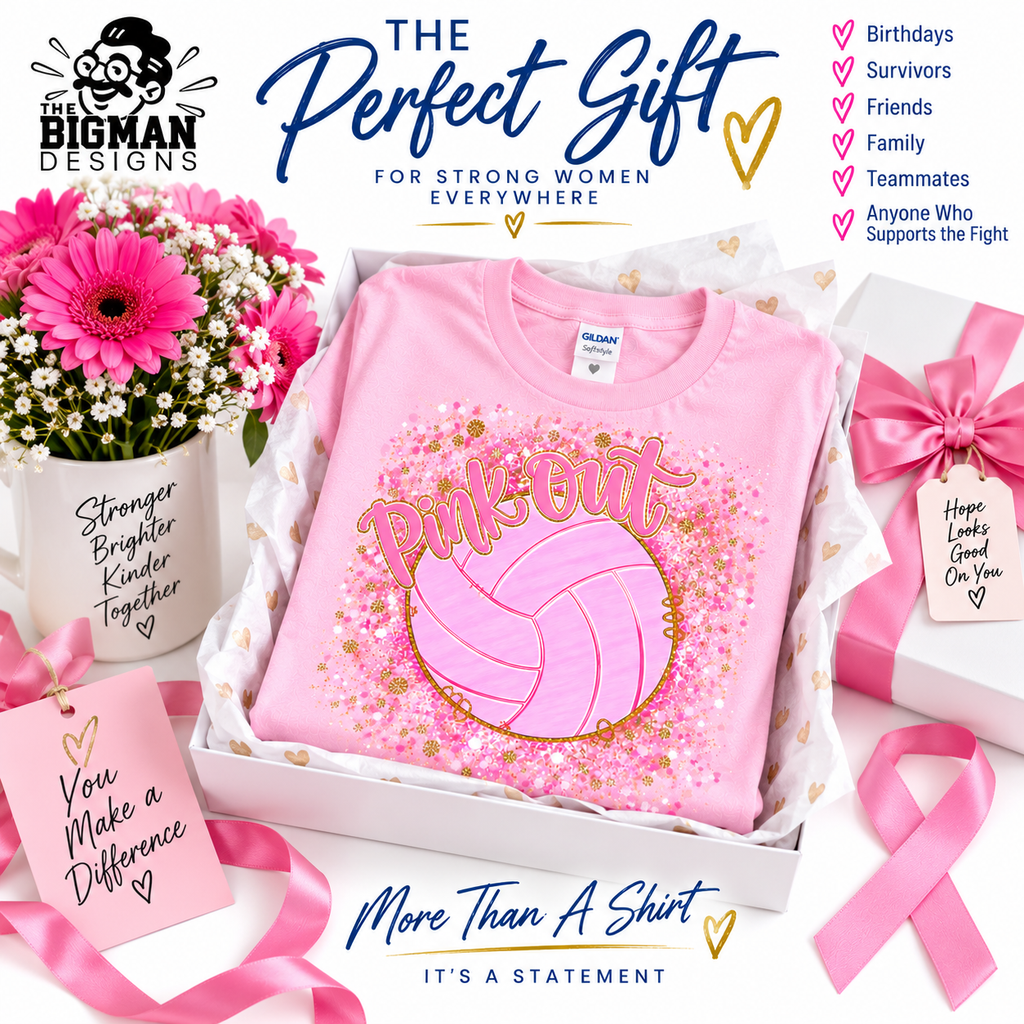 A folded pink t-shirt with a volleyball graphic and the words 'Pink Out' is presented in a gift box with pink ribbons, flowers, and promotional text. The brand 'The Big Man Designs' is visible on the shirt tag.