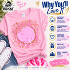 A pink Gildan t-shirt with a 'Pin the Ball' volleyball graphic, styled in a flat-lay with jeans, a white sneaker, and pink pom-poms. The image features marketing text and badges from 'The Big Man Designs'.