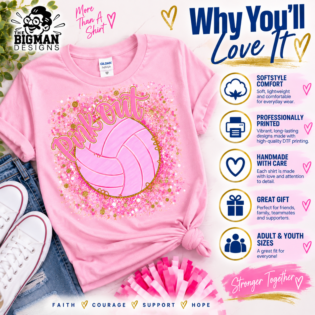 A pink Gildan t-shirt with a 'Pin the Ball' volleyball graphic, styled in a flat-lay with jeans, a white sneaker, and pink pom-poms. The image features marketing text and badges from 'The Big Man Designs'.