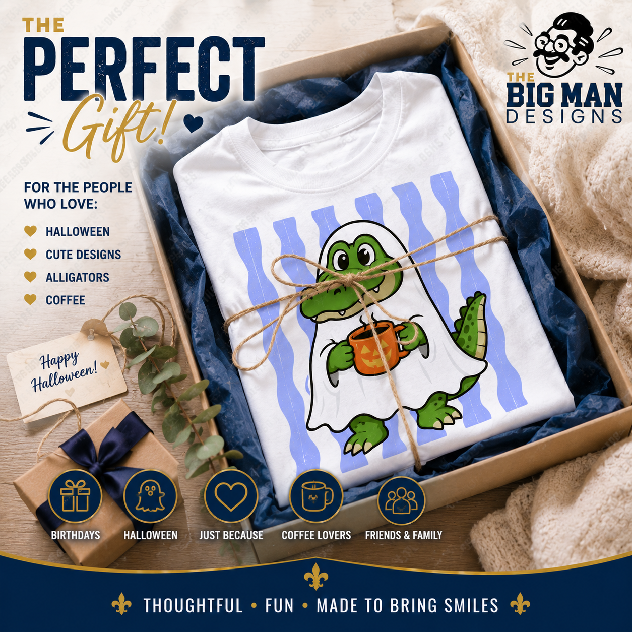 A white T-shirt folded inside a gift box with blue tissue paper, tied with twine, and presented in a styled promotional layout. The shirt has a cartoon ghostly green alligator holding an orange mug.