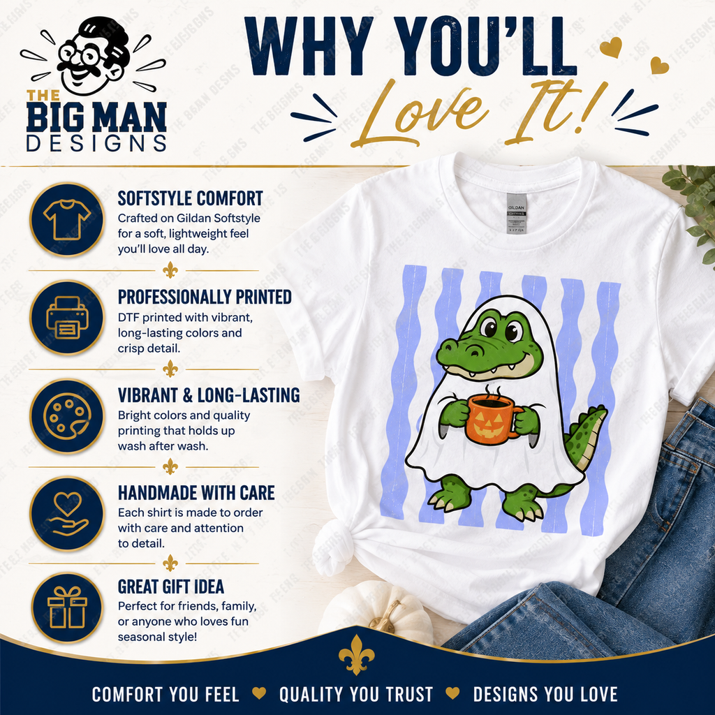 A white short-sleeve T-shirt laid flat with a cartoon crocodile ghost graphic on the front, surrounded by promotional text and icons for The Big Man Designs. The shirt includes marketing copy about comfort, printing, durability, and gift appeal.