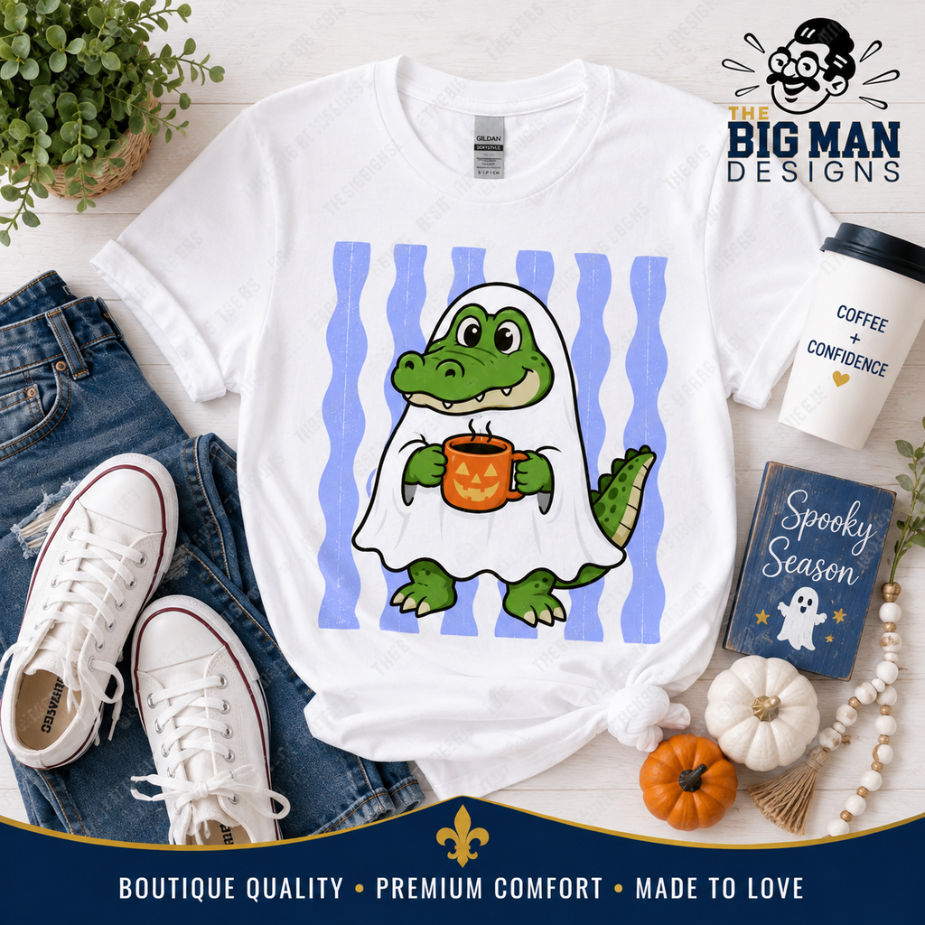 A white graphic T-shirt laid flat on a light surface with jeans, white sneakers, a coffee cup, a small book, pumpkins, and a plant around it. The shirt features a cartoon green alligator wearing a white ghost and holding a jack-o'-lantern mug, with vertical light blue stripes behind it.