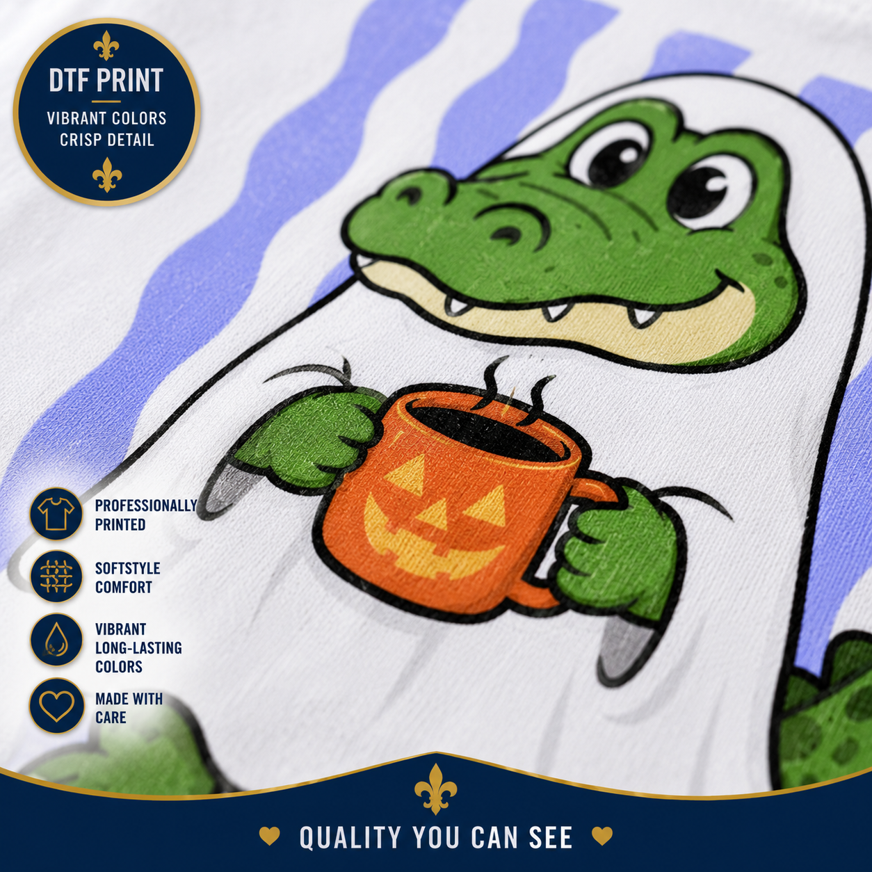 A close-up of a printed fabric design featuring a green alligator wearing a white ghost and holding an orange pumpkin mug. The image includes promotional text for a DTF print, highlighting vibrant colors and crisp detail.