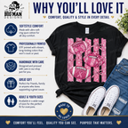 A black short-sleeve graphic T-shirt laid flat with jeans and white sneakers around it on a branded promotional background. The shirt has a pink-and-white striped design with a large pink bow and football motif.