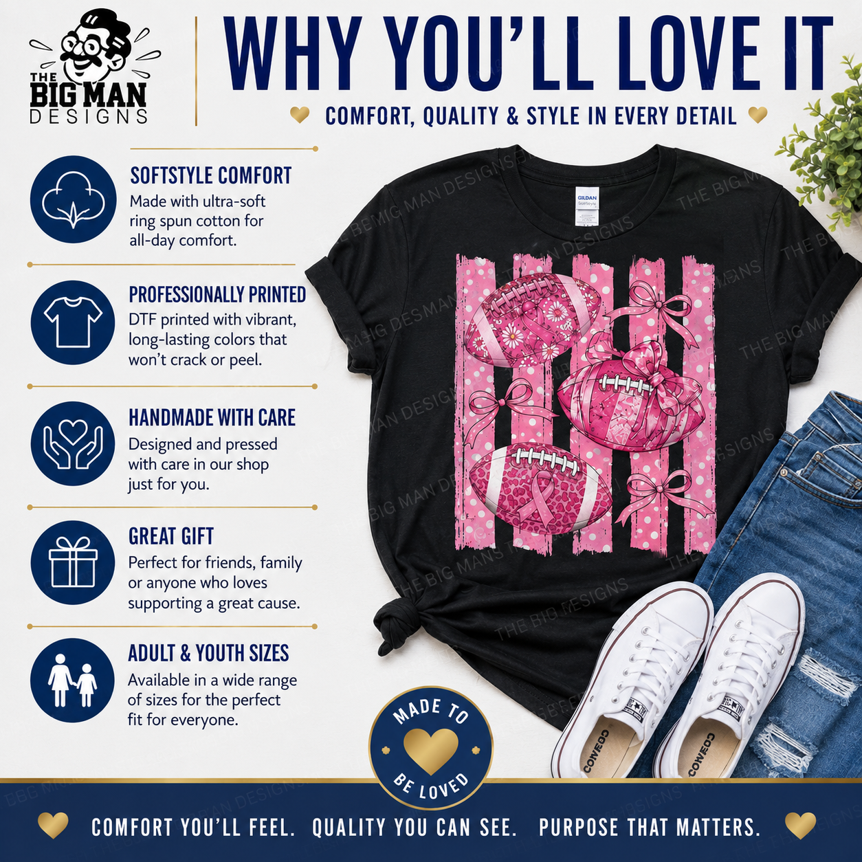 A black short-sleeve graphic T-shirt laid flat with jeans and white sneakers around it on a branded promotional background. The shirt has a pink-and-white striped design with a large pink bow and football motif.