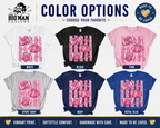 A color options graphic for a t-shirt design by The Big Man Designs, showing six shirt color variants (White, Black, Pink, Sport Gray, Navy, Royal Blue) each with a pink football and striped graphic, under the heading 'COLOR OPTIONS'.