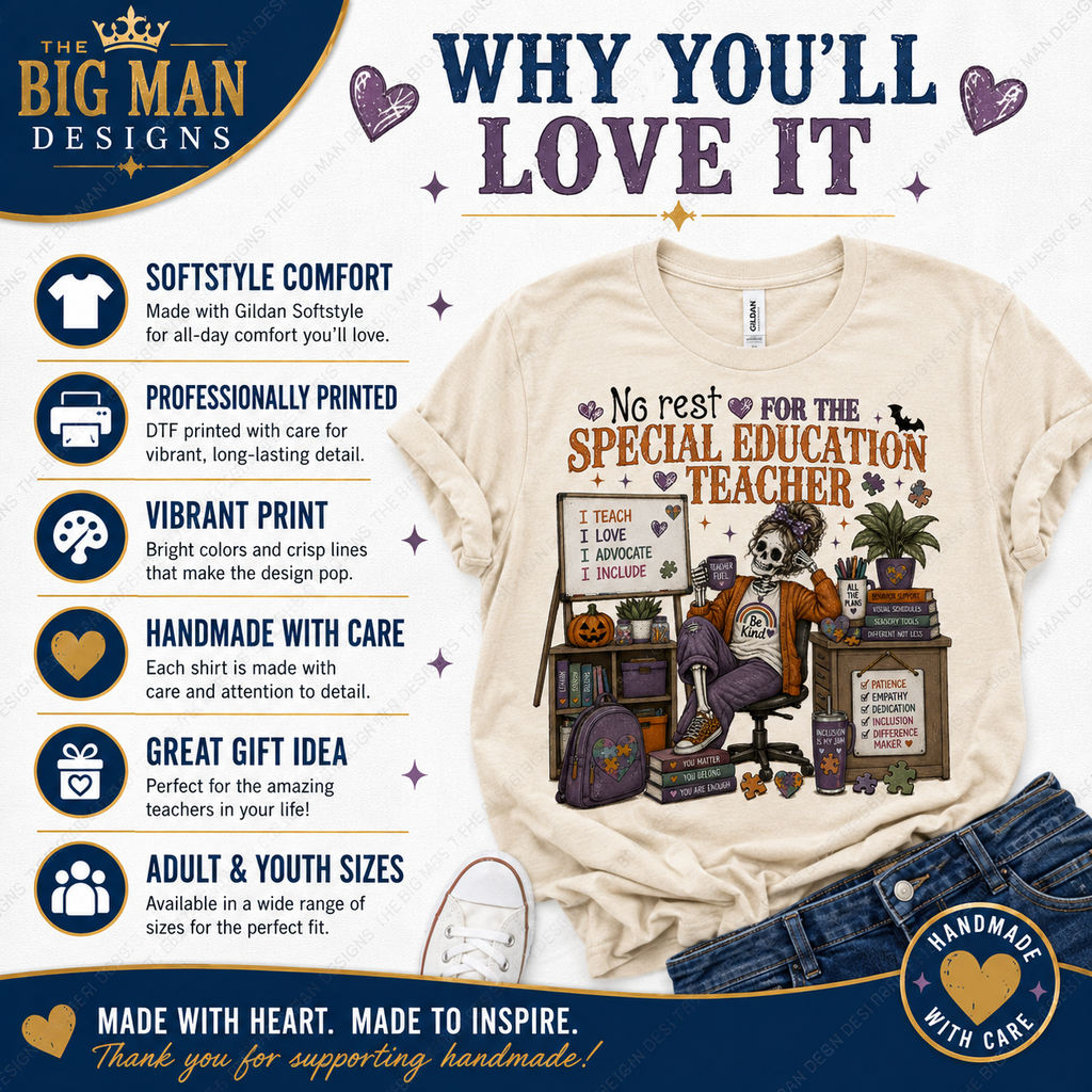 A promotional graphic for a custom printed t-shirt. The main product shown is a cream-colored t-shirt with a colorful graphic of a skeleton teacher sitting at a desk with books and a pumpkin, accompanied by the text 'No rest FOR THE SPECIAL EDUCATION TEACHER'.