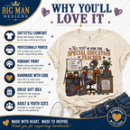 A promotional graphic for a custom printed t-shirt. The main product shown is a cream-colored t-shirt with a colorful graphic of a skeleton teacher sitting at a desk with books and a pumpkin, accompanied by the text 'No rest FOR THE SPECIAL EDUCATION TEACHER'.