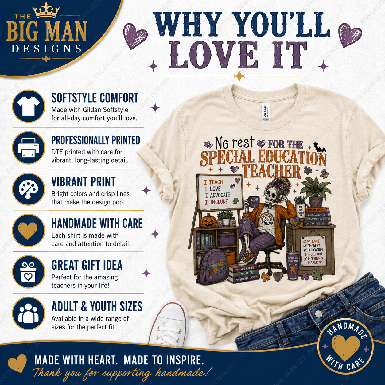 A promotional graphic for a custom printed t-shirt. The main product shown is a cream-colored t-shirt with a colorful graphic of a skeleton teacher sitting at a desk with books and a pumpkin, accompanied by the text 'No rest FOR THE SPECIAL EDUCATION TEACHER'.