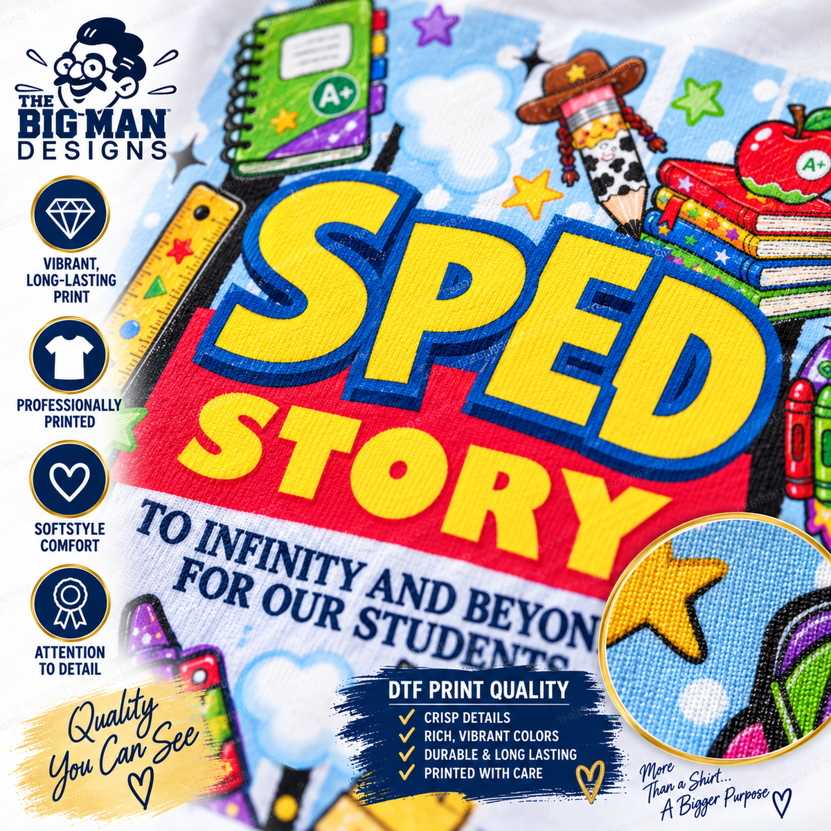 A colorful promotional graphic for a DTF transfer design featuring the text 'SPED STORY' in large yellow letters over a red and blue background, surrounded by school-themed illustrations like books, a pencil, an apple, and a cowboy hat. The 'Big Man Designs' logo appears in the top left, with feature callouts on the left and a close-up fabric sample circle on the bottom right.