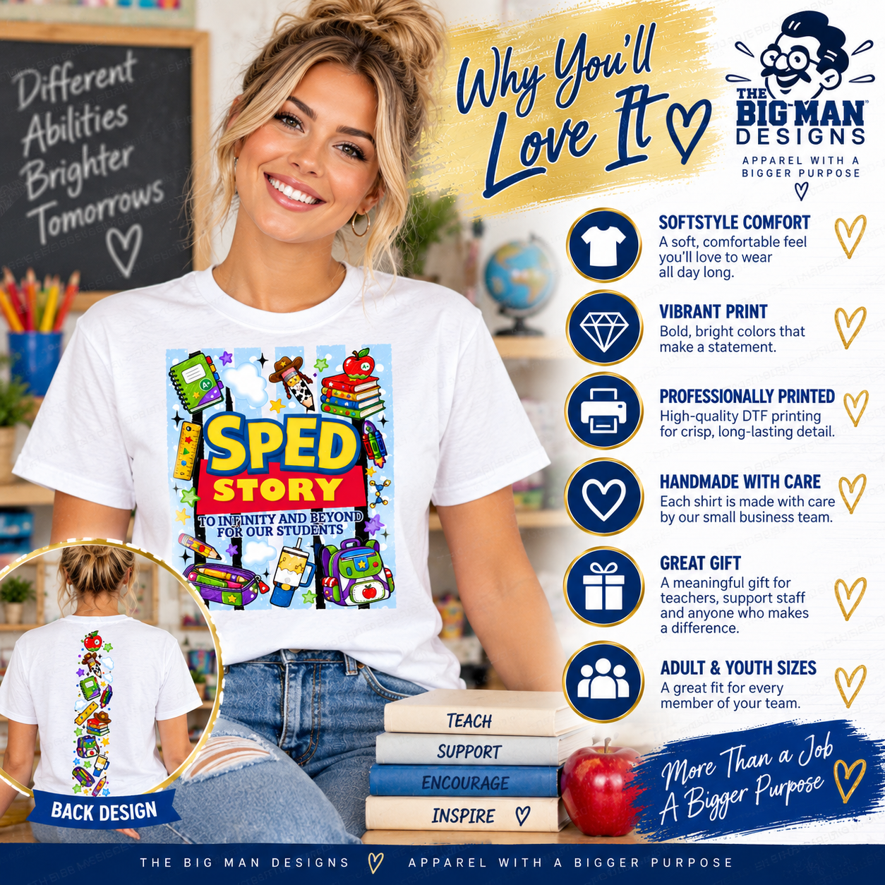 A woman wearing a white graphic T-shirt with a colorful 'Sped Story' print, standing in a styled promotional scene with books, an apple, and text callouts about the shirt's comfort, vibrant print, and professional quality. The Big Man Designs logo is visible.