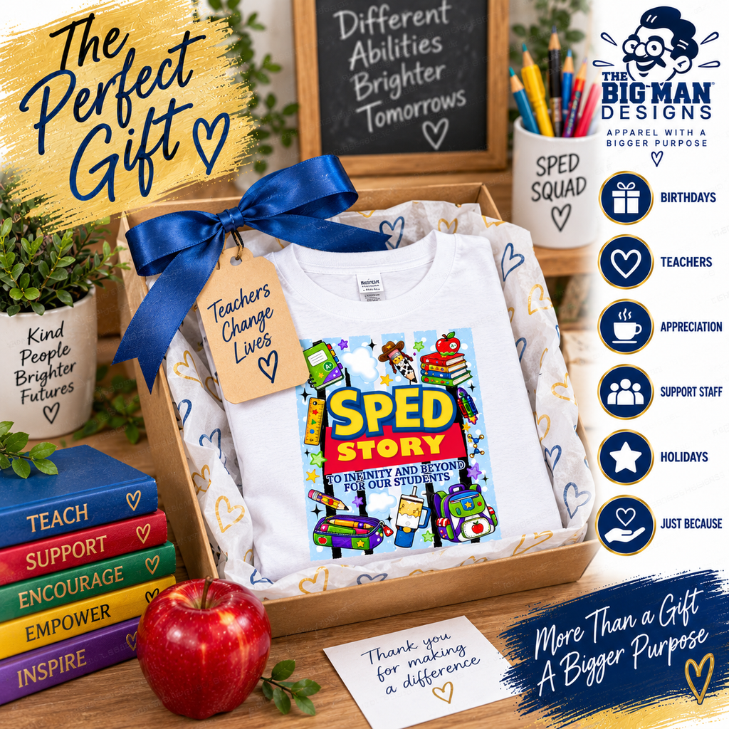 A folded white T-shirt presented in a wooden gift box with a blue ribbon and a handwritten tag reading 'Teachers Change Lives.' The shirt has a colorful 'Sped Story' classroom-themed graphic on the front.
