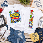 A white graphic T-shirt shown from both front and back in a styled flat-lay. The front features a colorful educational-themed illustration with the text 'EDUCATIONAL DIAGNOSTICIAN STORY.